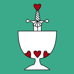 Knight of Cups Art logo, featuring a sword with a heart-shaped pommel pointing down into a large round goblet with a heart motif around the bowl, everything is white with black outline, except the hearts, which are coloured red. The logo sits on a teal bac